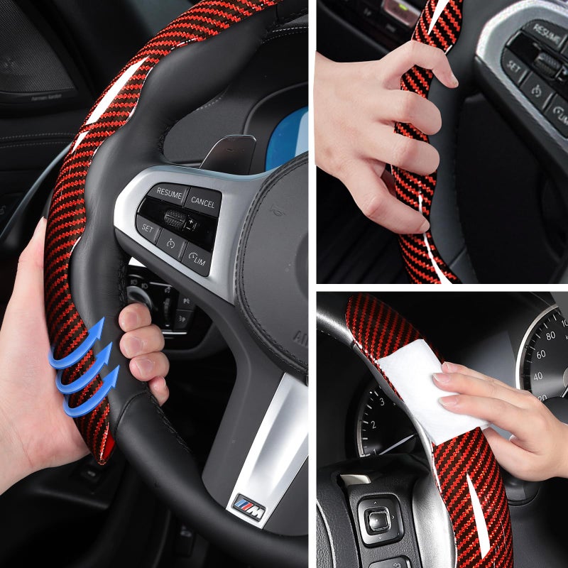 Aotoyou Car Steering Wheel Cover Set Bright Carbon Fiber Wrap Non-Slip 3pcs Steering Wheel Accessories 14.5-15 inch Universal (Red) - Image 4